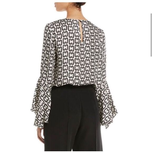 Milly Sz Small Black & White Keyhole Holly Bell-Sleeve Chain-Print blouse top wo - Picture 12 of 14